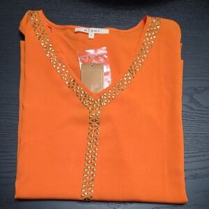 miami Orange V-Neck Top with Gold Stud Trim, Size M NWT